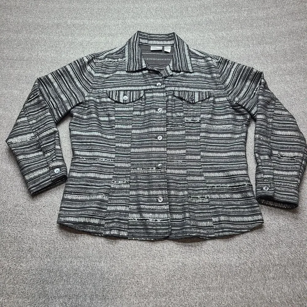 Chicos Jacket Womens 2 Metallic Striped Sequin‎ Blazer Textured Modern Black